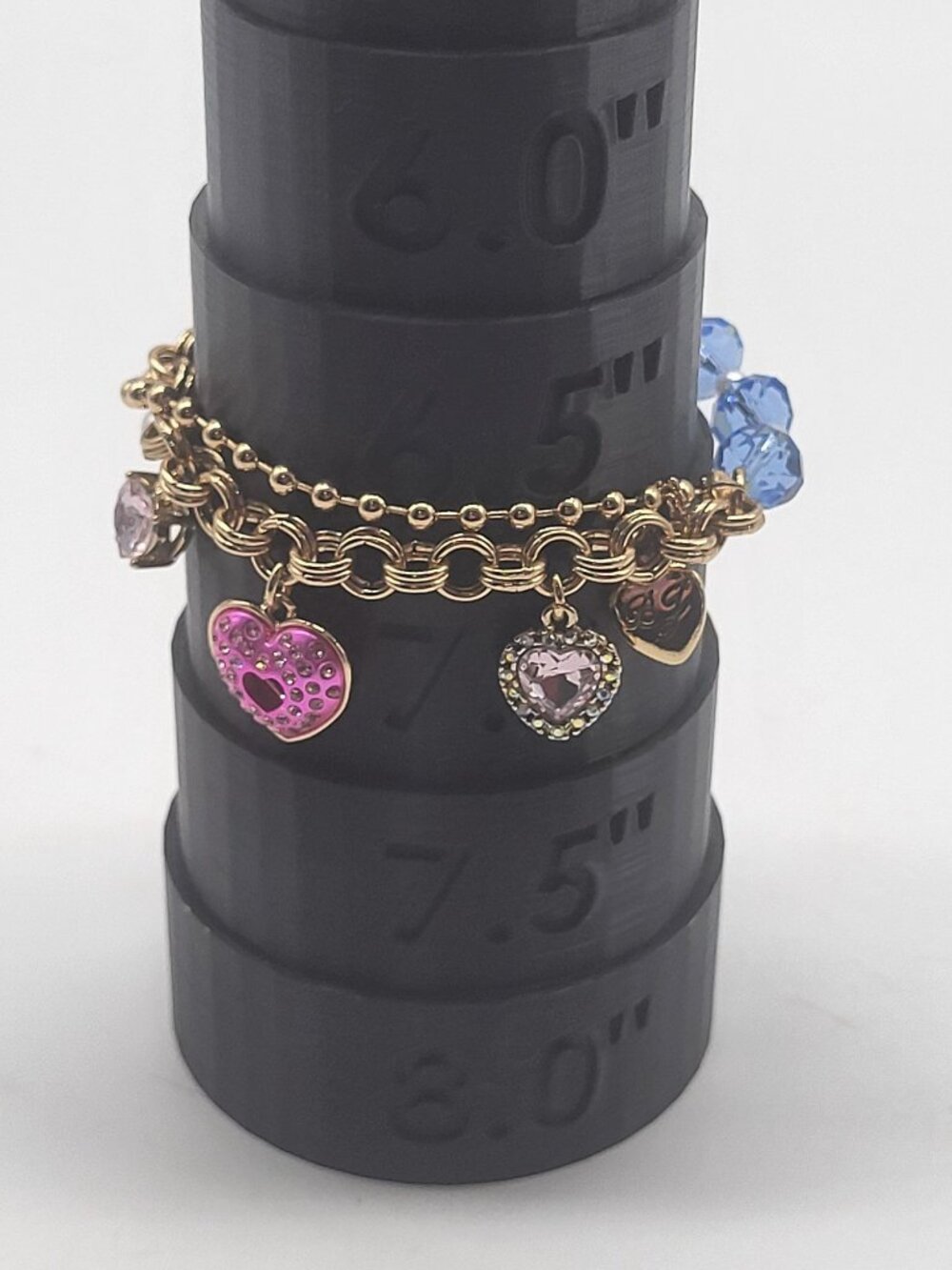 Betsey Johnson Heart Charm Gold Tone Blue Beaded Bracelet Girly Glam - Picture 5 of 5